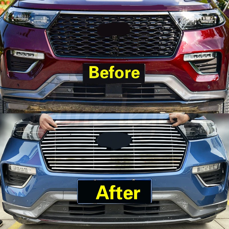 For Ford Explorer 2020-2021 Stainless Steel Front Center Grille Grill Cover Racing Grill Trim Body Kit 1pcs/set Car Accessories