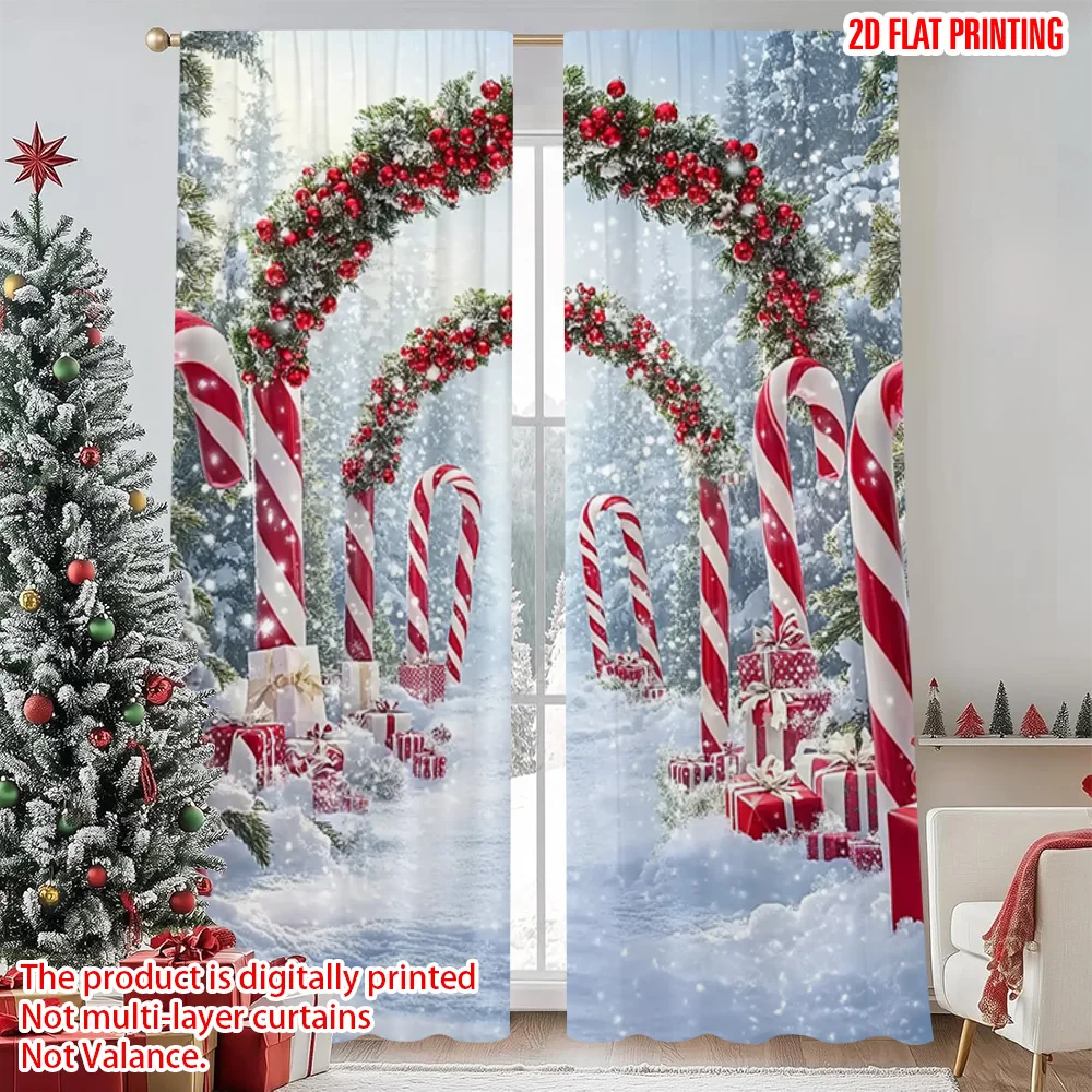 

2pcs 2D flat printing Christmas Curtains Candy sticks Christmas candy Durable 100% Polyester Fabric Without Electricity