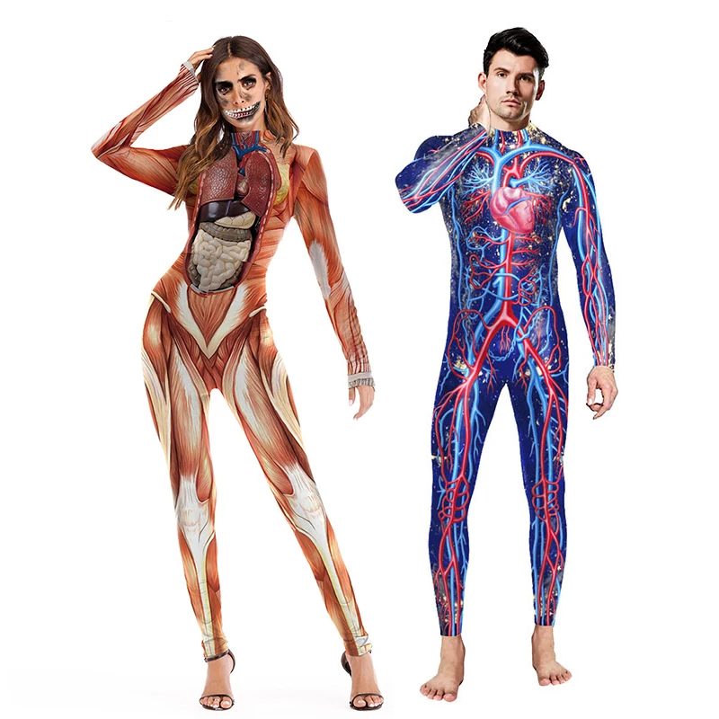 Human Body Organ Printed Jumpsuit Men Women Blood Vessel Print Halloween Cosplay Costume Long Sleeve Party Show Bodysuit Outfit