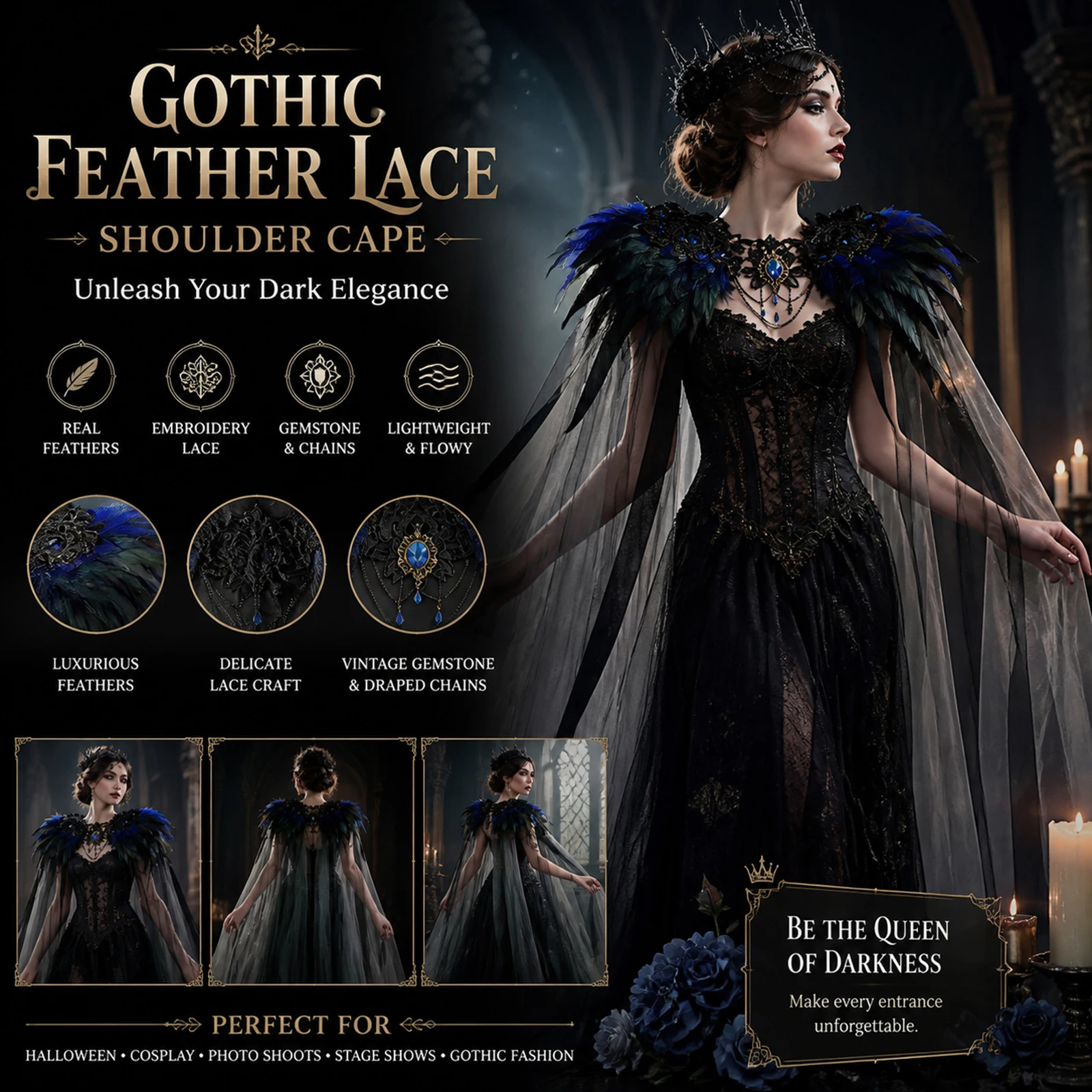 Womens Feather Cloak Gothic Tulle Cape With Feather Collar Halloween Vampire Witch Costume Accessories