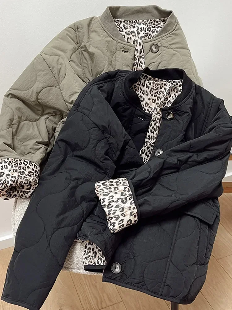 Abrigos de algodón con bolsillo abatible y un solo pecho para mujer, chaqueta acolchada con cuello redondo y forro con estampado de leopardo, prendas de vestir cálidas para señora nueva 2024