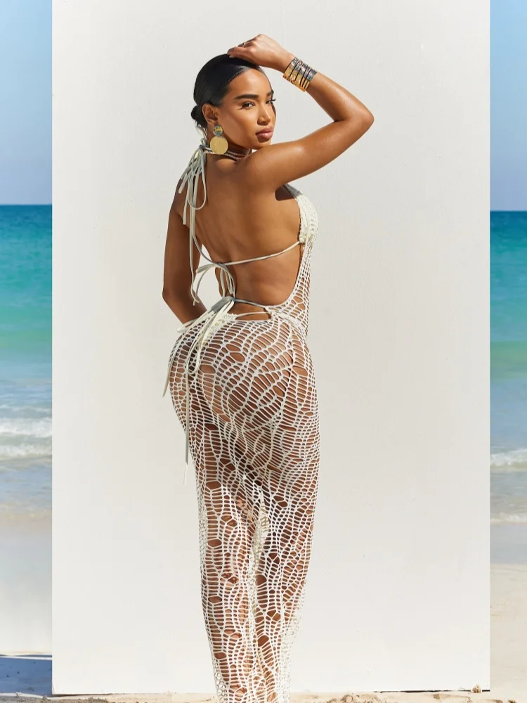 Jrry Casual Dames Lange Gebreide Jurken Halter Backless Gehaakte Jurk Effen Patroon Strand Gehaakte Jurk Cover Ups