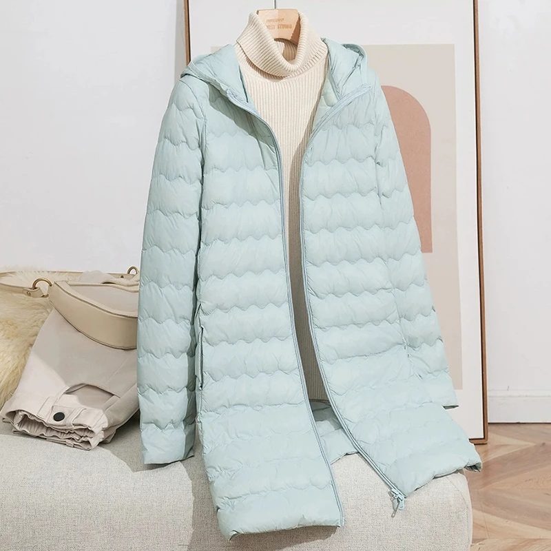 

Новая женская легкая удлиненная куртка на 90% белом утином пуху с капюшоном, повседневная, высокого качества, осень-зима 2026