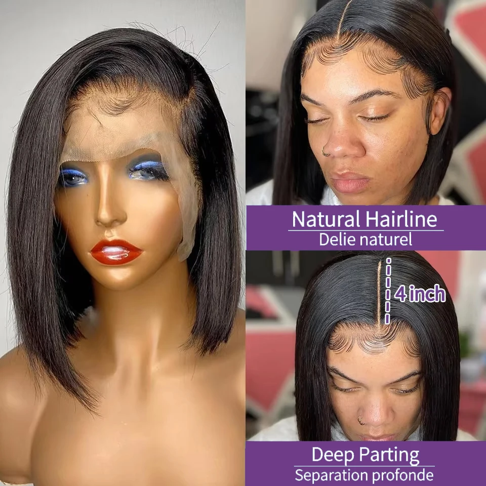 Perruque Bob Lace Closure Wig Naturelle Lisse, Cheveux Humains, 4x4, 13x4, 200% Transparent, Bon Marché, pour Femme