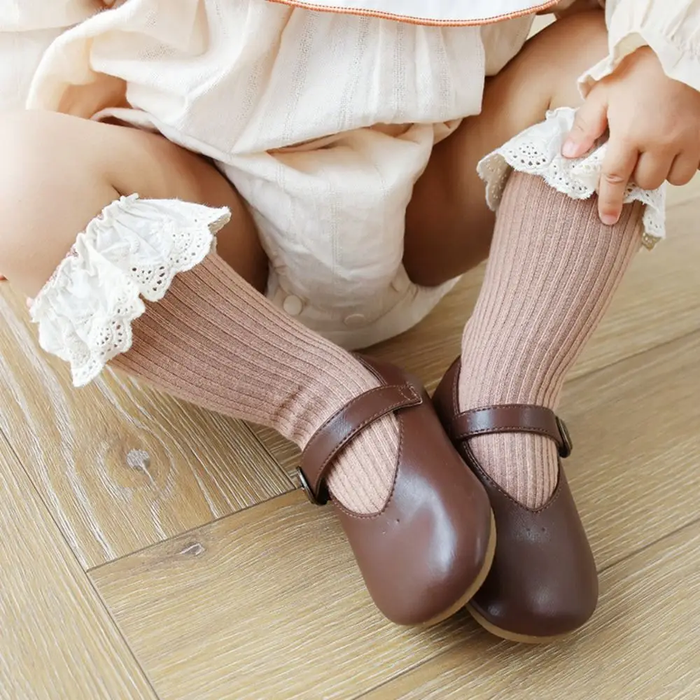 5Pairs Ruffled Edge Baby Calf Socks Baby Lace Trim Stripe Infant Cotton Stockings Long Tube Cotton Cartoon Above Knee Socks
