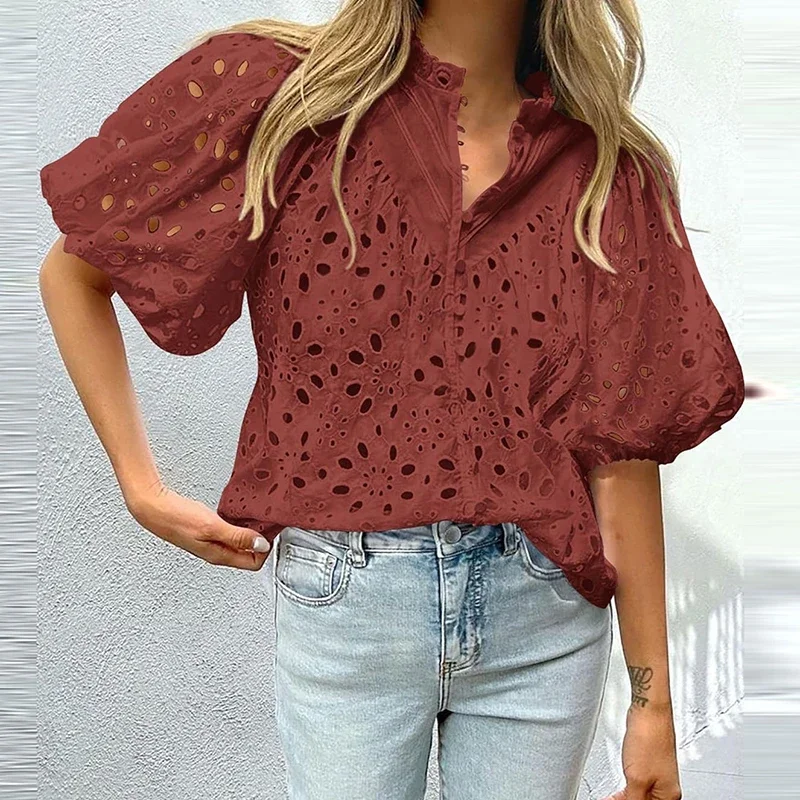 

Women's Stand Collar Single Breasted Beach Shirt Casual Solid Color Embroidered Loose Blouses Summer Lace Hollow Puff Sleeve Top