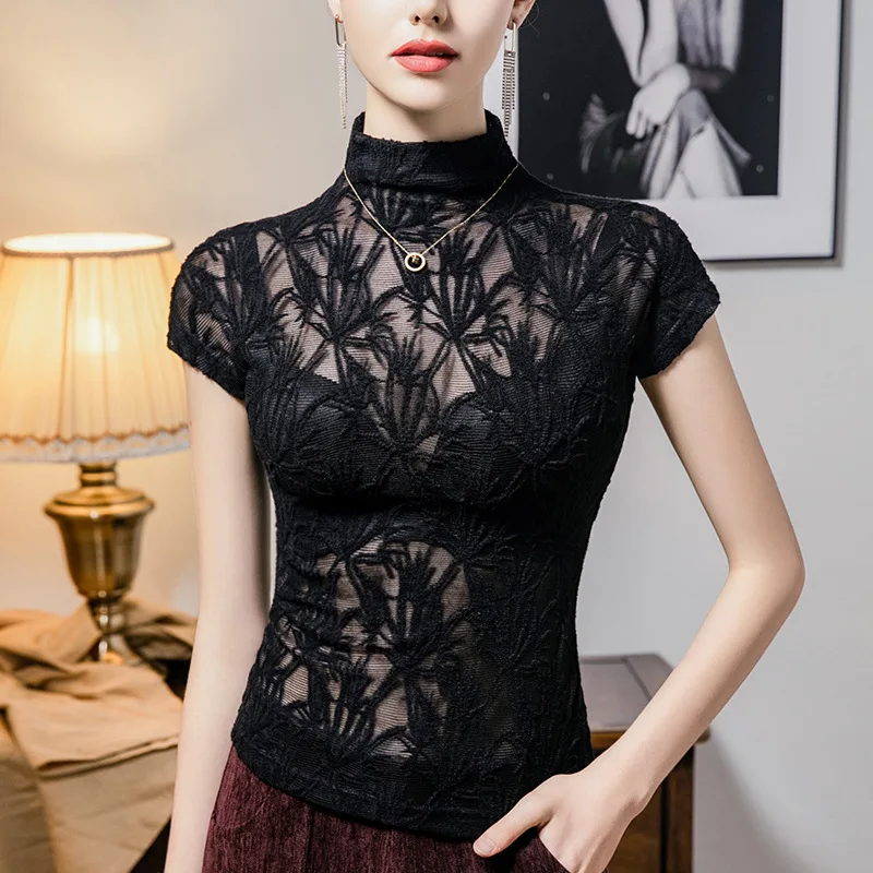 Jacquard small turtleneck lace bottoming shirt women\'s short sleeves 2024 autumn new hook-up hollow women\'s bag sleeves top