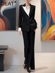 DEAT Two Piece Sets For Women Spliced Feather Lapel Long Sleeve Tops Elegant Solid Color Trousers Female Suits 2024 New 15KB4587