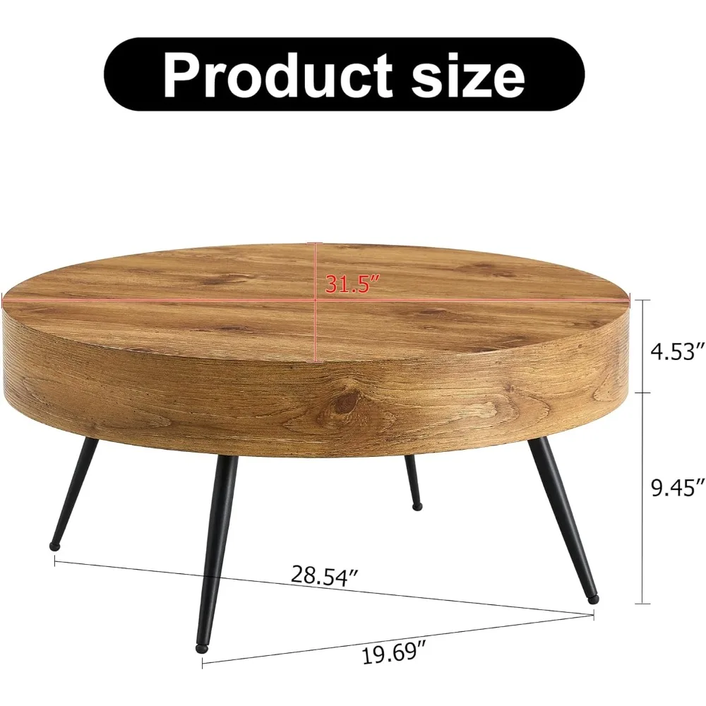 Wooden Coffee Table Modern Round Coffee Table Rustic Center Table with Metal Leg for Living Room Reception Room Office (Brown, R
