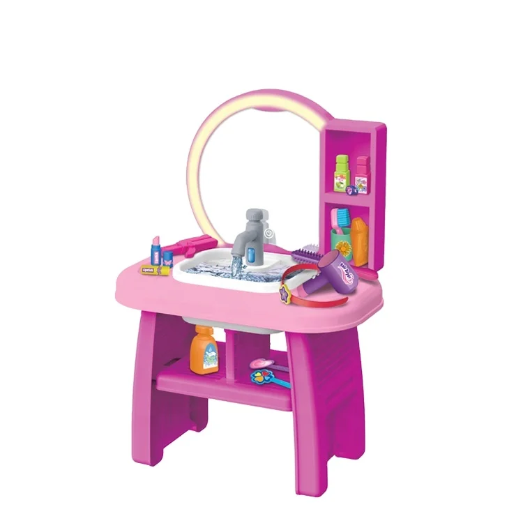 

New Arrival Girls' Pink Dressing Mirror Table Bathroom Sink Vanity Play Set With Induction Light