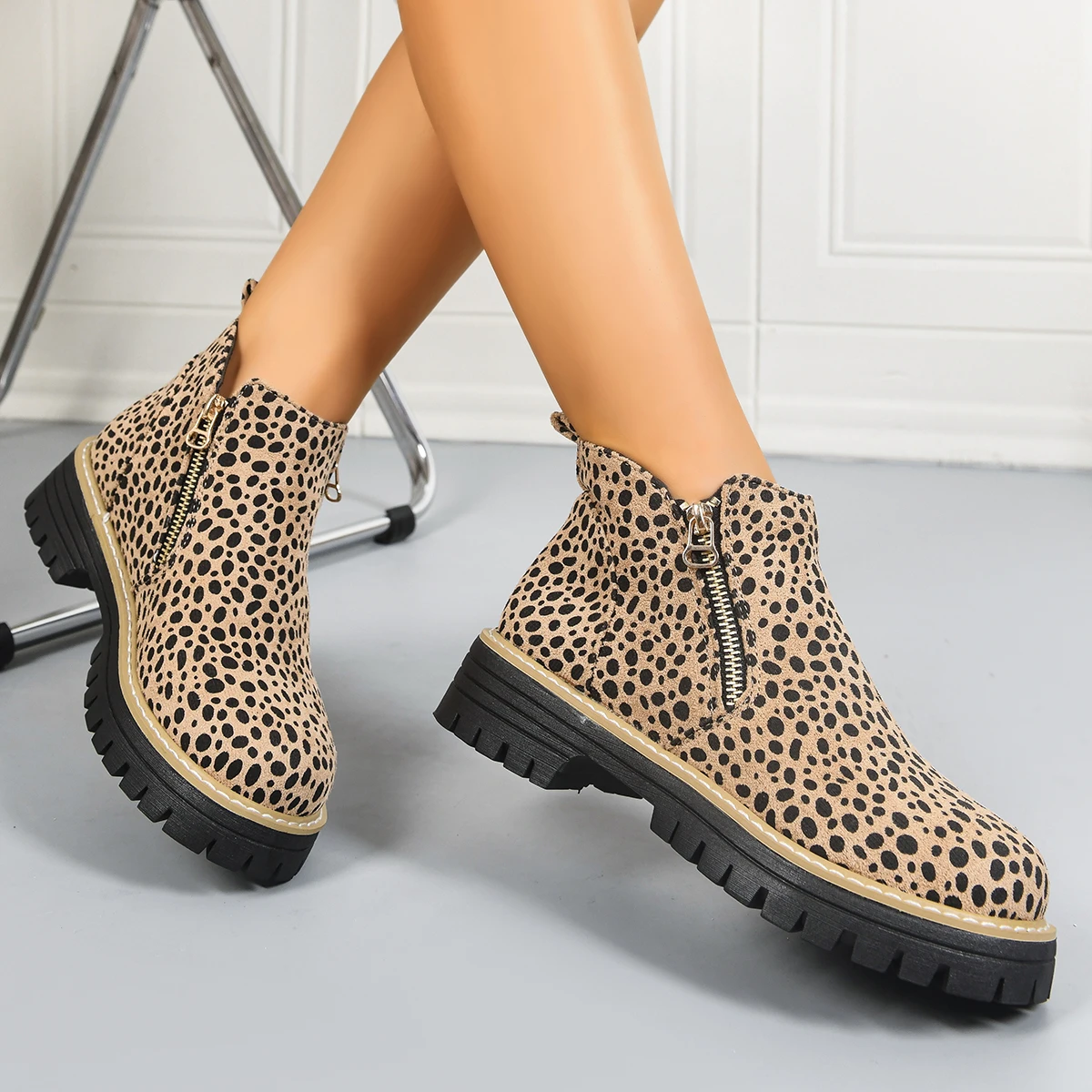 Spring Autumn Women Boots Trend Plus Size Zipper Up Booties Non Slip Platform Shoes for Women Fashion Leopard Ankle Boots Women