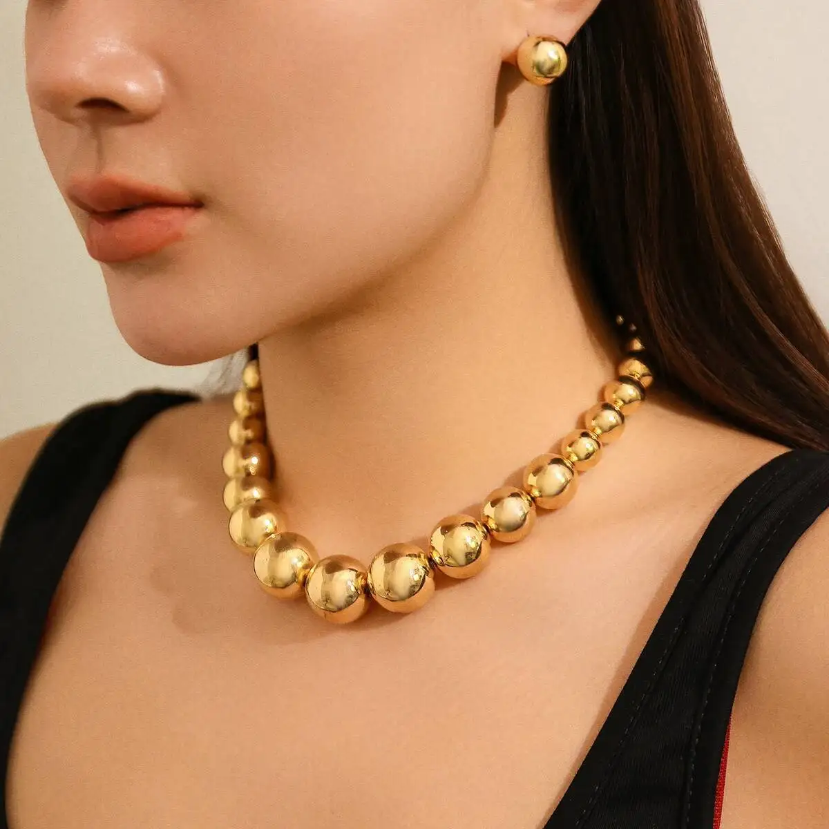 PuRui Vintage Gold Farbe Große CCB Kugel Perle Kette Halskette Ohrstecker für Damen Mode Bankett Hochzeit Schmuck Set