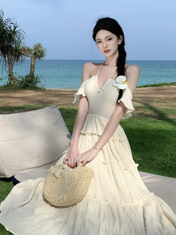 Elegant Party Dresses ผู้หญิงหวาน V คอ Lace-up Fairy ชุดราตรีวันเกิดพรหม Midi ชุดชายหาดฤดูร้อน A-Line Vestidos Robe ใหม่