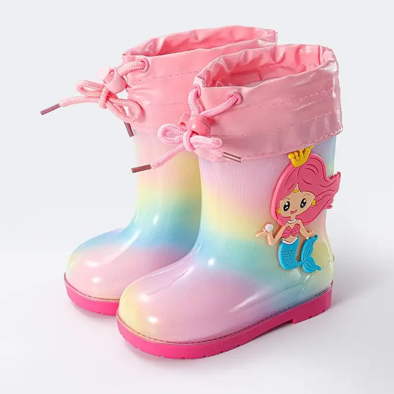 Disney Children\'s rain shoes Baby girls kindergarten non-slip princess water boots plus fleece children cute rainbow water shoes