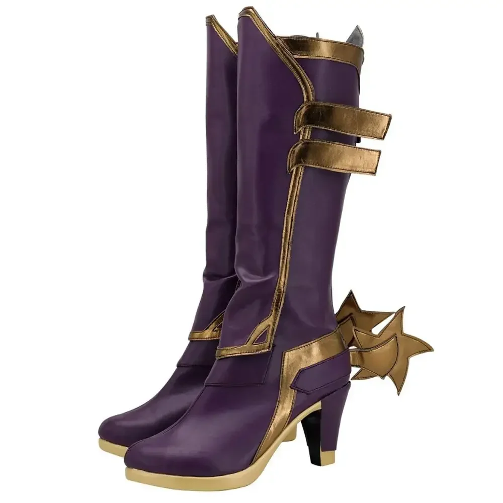 รองเท้าคอสเพลย์ LOL Ashe สีม่วง รองเท้าบูทส้นสูง รองเท้าหนังสั่งทำพิเศษสำหรับทุกเพศ
