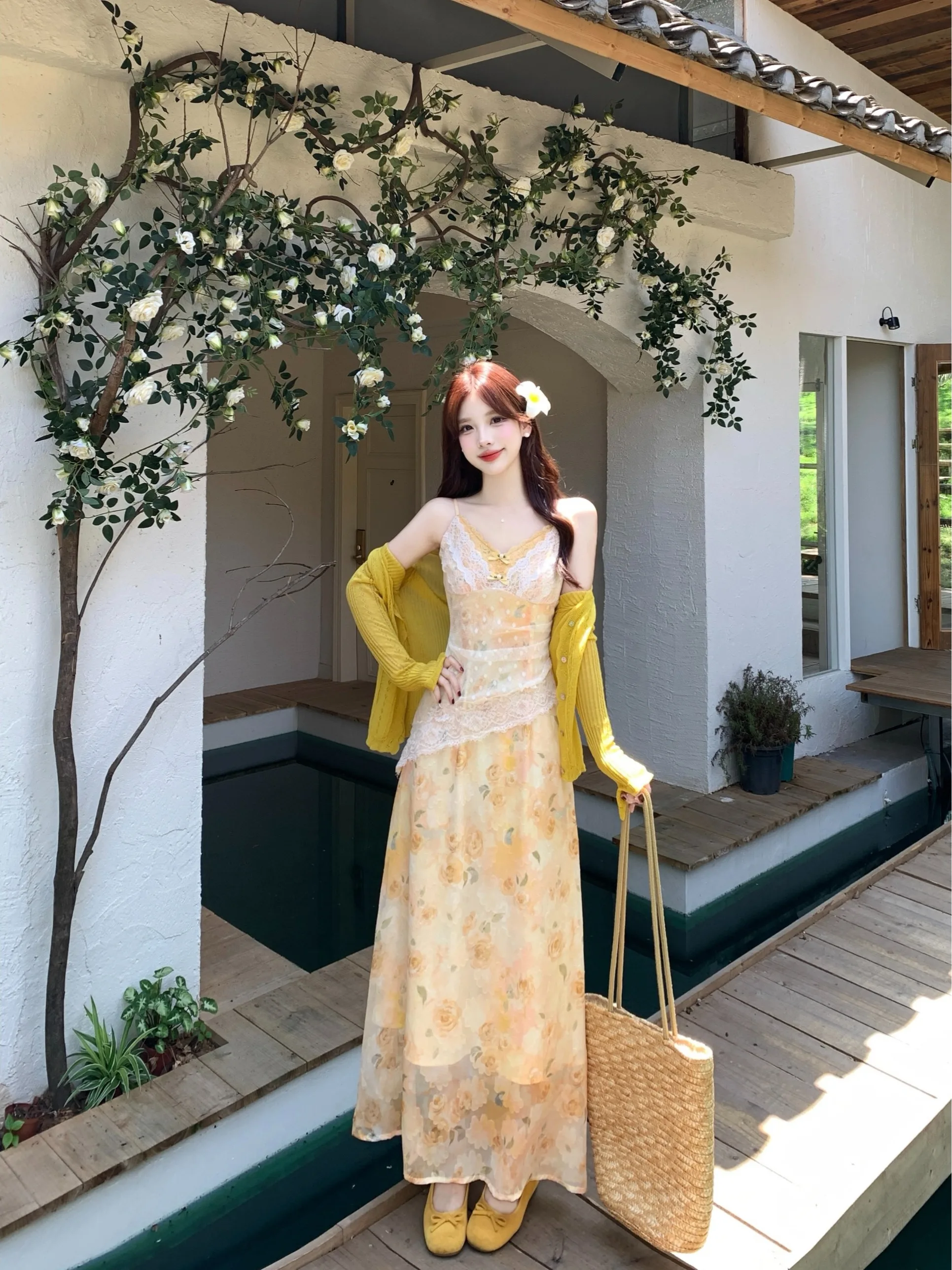

plus Size Floral Lace off Shoulder Dress Summer Slimming Outfit Bright Long Skirt Set Women's Travel V Neck Sleeveless Dress