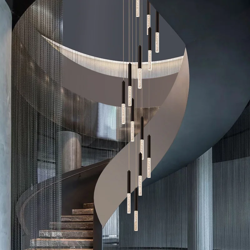 LED Modern Long Chandelier Hanging Staircase Pendent Lamp Villa Living Room Pendant Double-Layer Attic Light Indoor Lighting