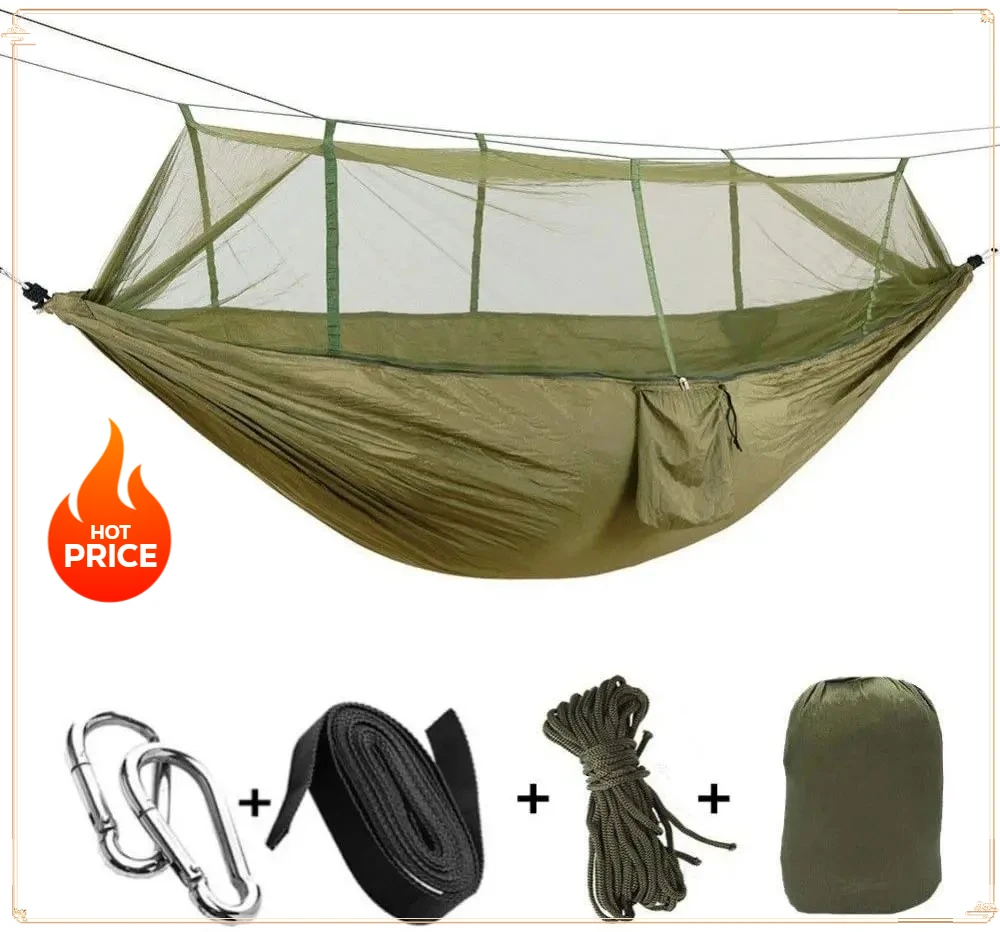 

Hammock Double Camping Garden with Mosquito Net - Outdoor Furniture Bed High Strength Parachute Fabric Portable Hanging Sleep