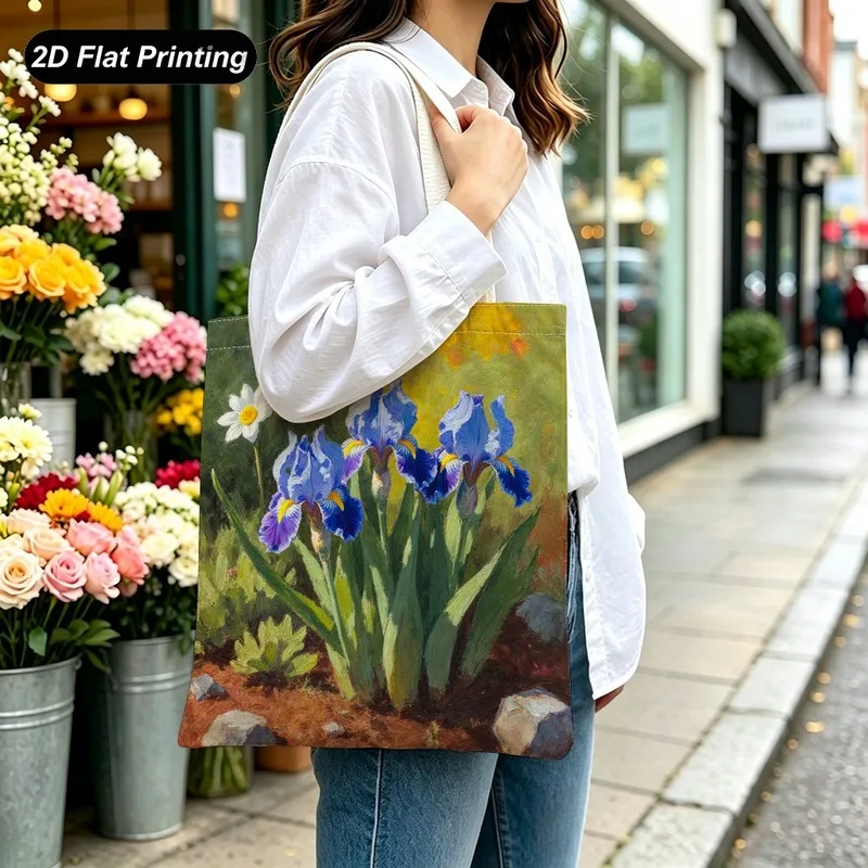 1PC【Tote Bag】2DFlat effect，Vintage-style iris and daisy oil painting print tote bag，Durable and large capacity，Adapted shopp