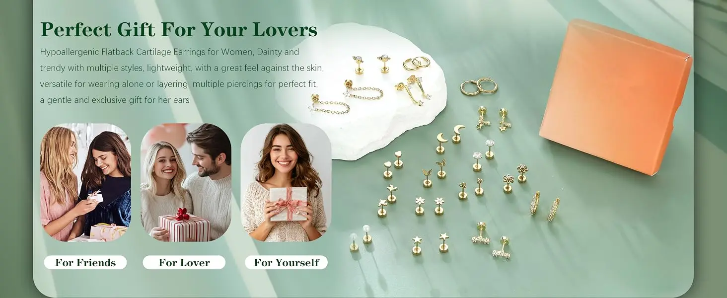 18 Pairs Hypoallergenic Flat Back Earrings Cartilage Earring Stacks 14K Gold Plated Surgical Steel, Dainty Small Hoops Earrings Set for Sensitive Ears Women's Jewelry Gift