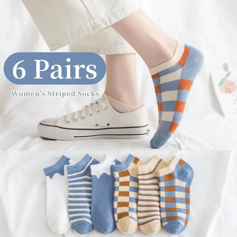 

6 pairs of women's spring and summer seasonal striped plaid fashionable trend, simple and comfortable sports style socks