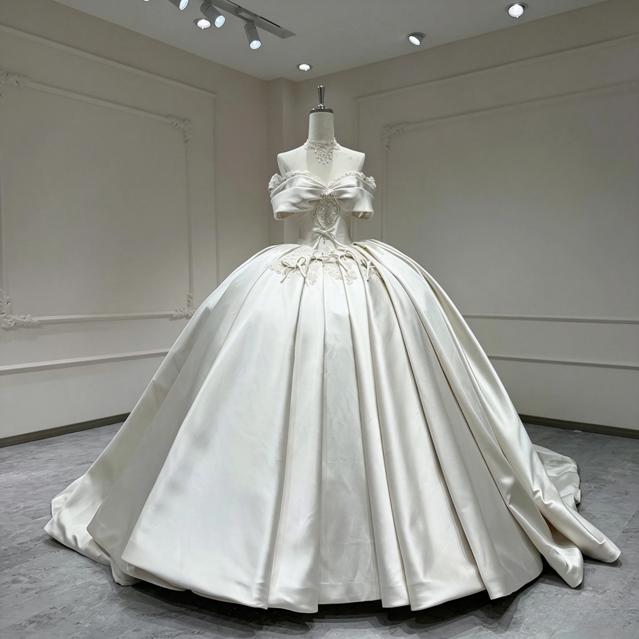 

Customized Elegant Off Shoulder Satin Ball Gown Wedding Dress Lace Bow Floor Length Bridal Gown Court Train Vestidos De Novia