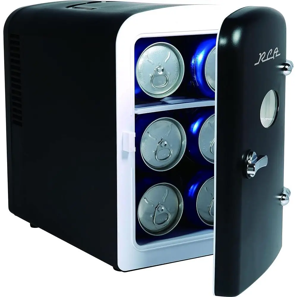 Mini Retro Beverage Refrigerator 6 Cans Compact Countertop Drink Cooler Energy Efficient Freezerless Portable Black