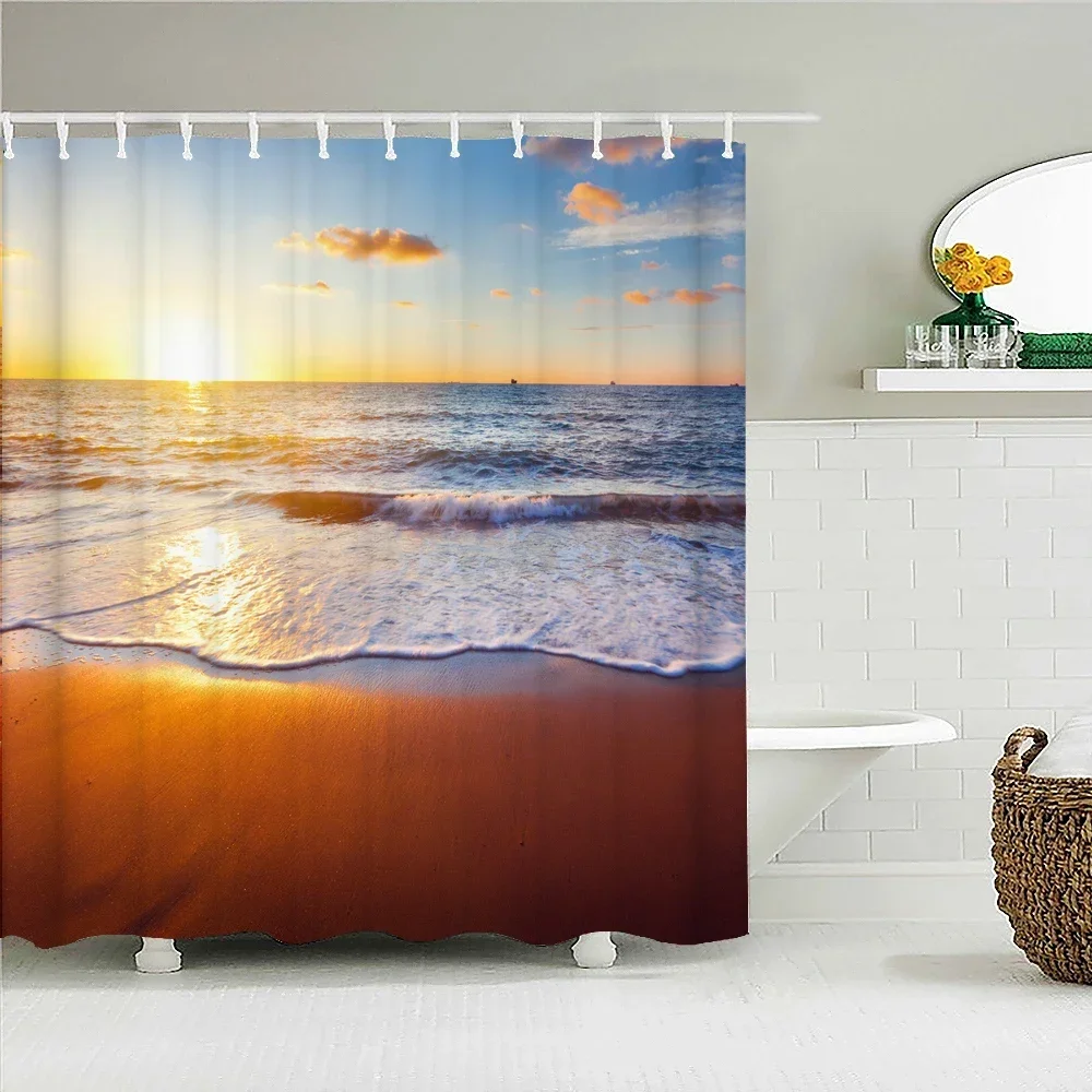 Sunlight Ocean Beach Fabric Shower Curtain Bathroom Curtains Sunset Dusk Sea large Size 300x180CM Bath Screen with 12 Hooks