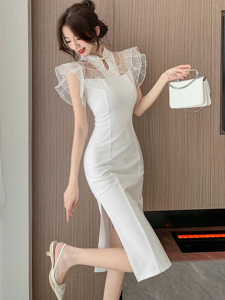 2024 White Patchwork Ruffled Mesh Luxury Dress Women Korean Party Vestidos Spring Summer Elegant Dresses for Official Occasions