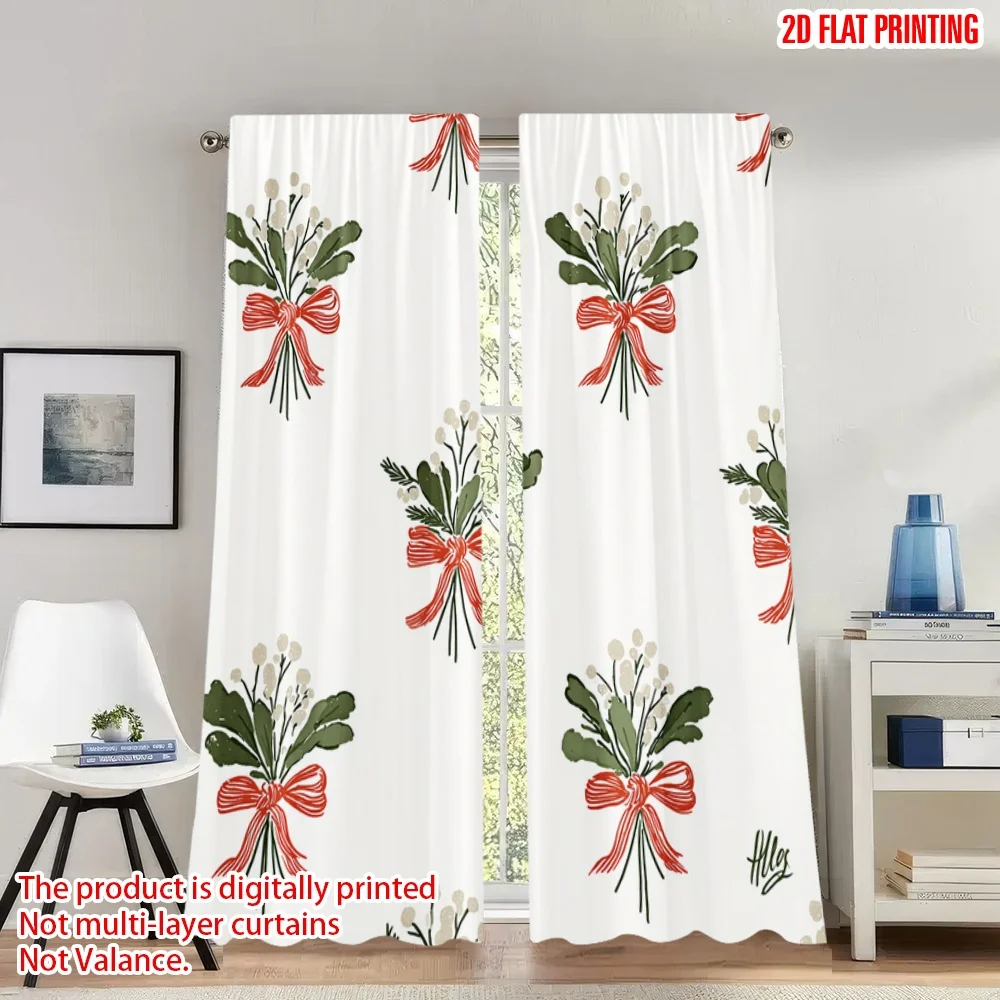 

2pcs 2D flat printing Christmas Party Curtains Christmas Mistletoe Bows Digital Printed Polyester Drapes Holiday Decorations