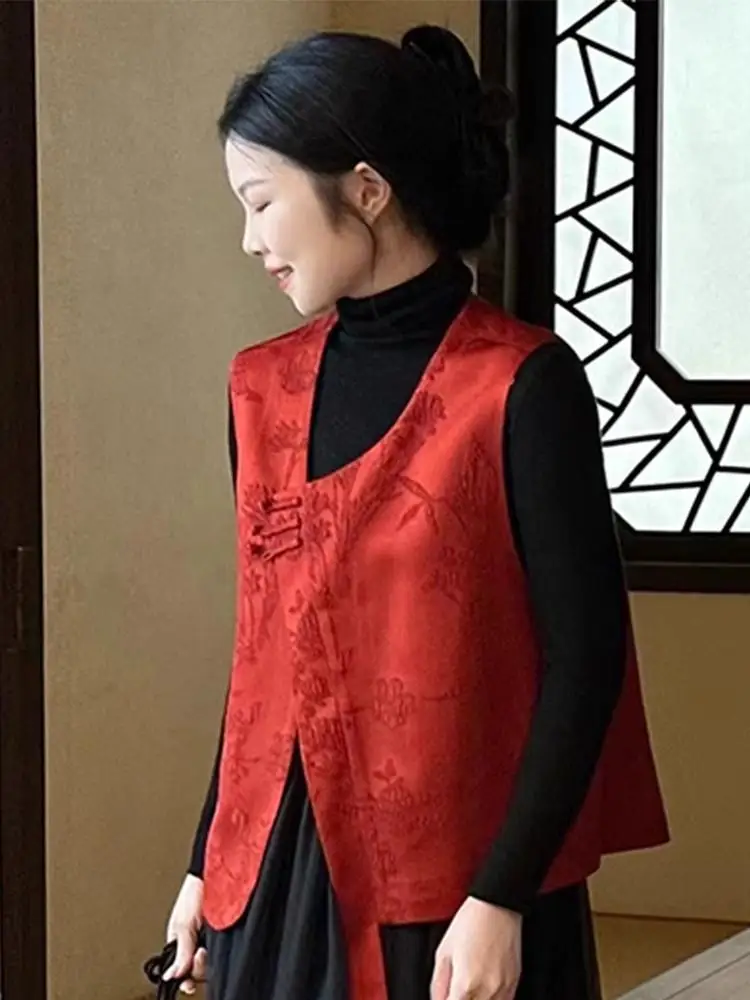 

Красная женская блузка-жилет в китайском стиле, весна 2026, новая коллекция, с пуговицами, модная, универсальная, из смесового полиэстера