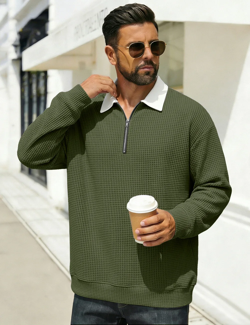Men's button-down half-zip waffle long-sleeved shirt, loose color-matched casual hoodie