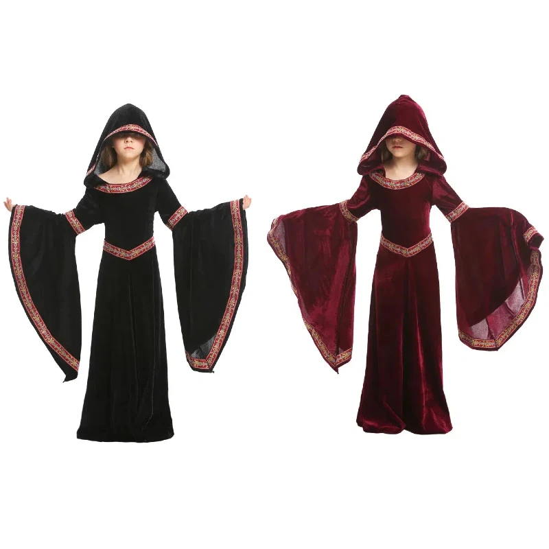 

Kids Girls Vampire Witch Cosplay Dress Medieval Renaissance Long Flare Sleeve Princess Dress Halloween Carnival Party Costumes