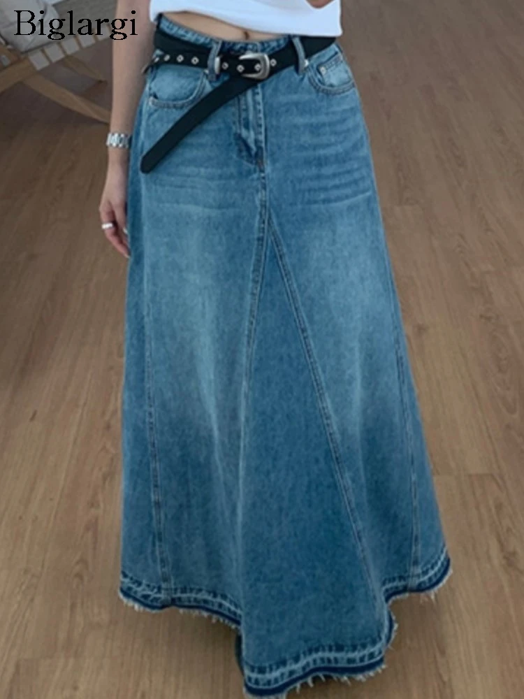 Denim Retro wiosenna letnia spódnica damska wzburzyć moda luźna koreański styl damskie długie spódnice trapezowe plisowane wzburzyć spódnice damskie