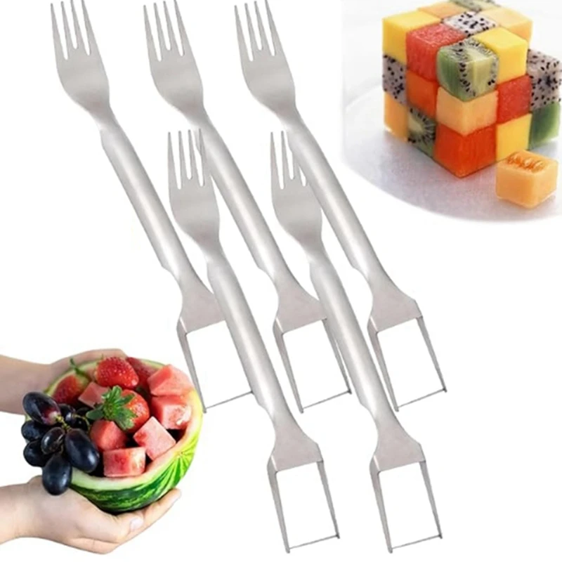 2-In-1 Stainless Steel Fruit Cutter, Dual Head Watermelon Cutter Slicer Tool, Portable Cutter Fork Slicer