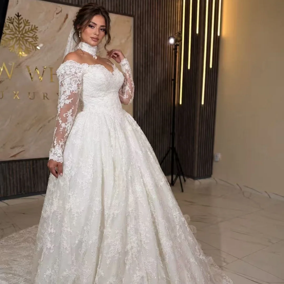 Elegant Lace applique Wedding Dresses Off the Shoulder Lace Bridal Gown A-Line Long Sleeves Wedding Gown vestido de novia