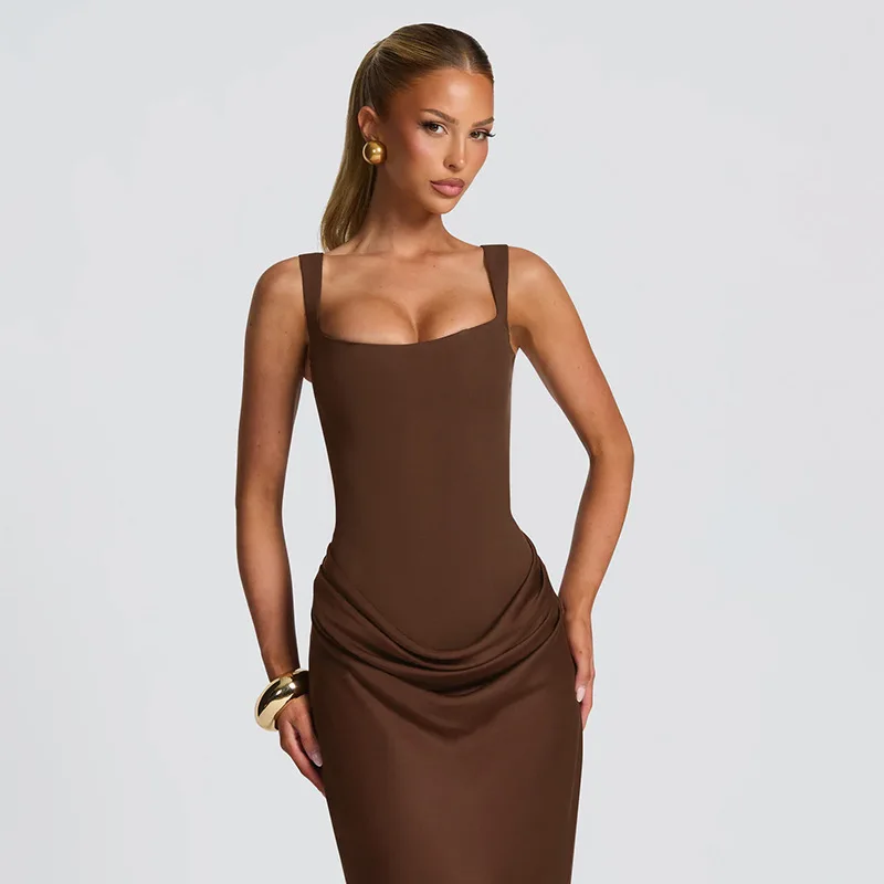 Elegante Y2K laag uitgesneden maxi-jurk voor dames bodycon ruches mouwloos backless sexy herfst winter party club jurken outfit cadeau
