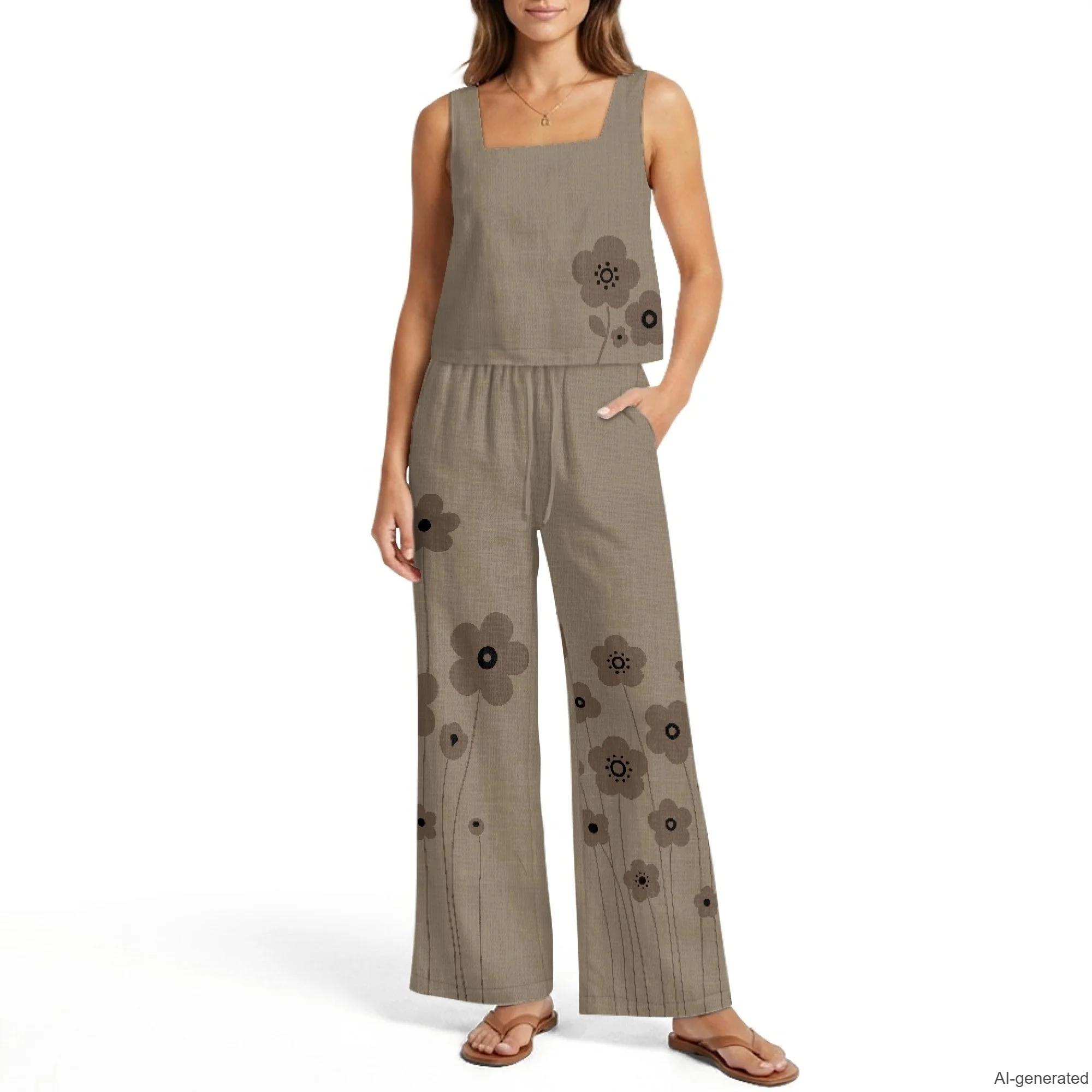 XIXIRIMIDO Women's Linen Two Piece Floral Prints Sleeveless Tops Wide-Leg Pants Lounge Set Beach Vacation Outfits with Pockets