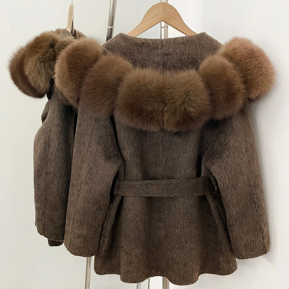 OFTBUY Neue warme Winterkleidung für Damen, Wollmantel mit Gürtel und großem Naturfellkragen, modische Kapuzenjacke aus echtem Fuchsfell und Wolle für Frauen – Detail 8