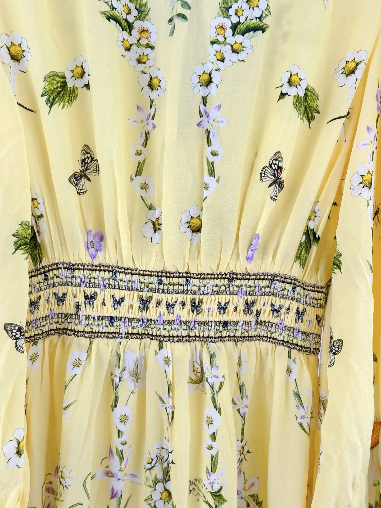 Robe superposée jaune pour femmes, imprimé floral, perles de cristal, col en v, manches longues, simple boutonnage, Mini Robe de vacances 100% soie