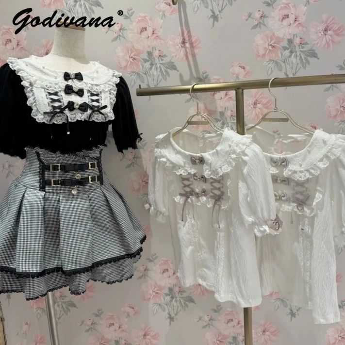 

New Summer Japanese Liz Shirts Mine Mass-produced Women Girls Sweet Rhinestone Bow Short-sleeved Shirt Lolita Blouses Top