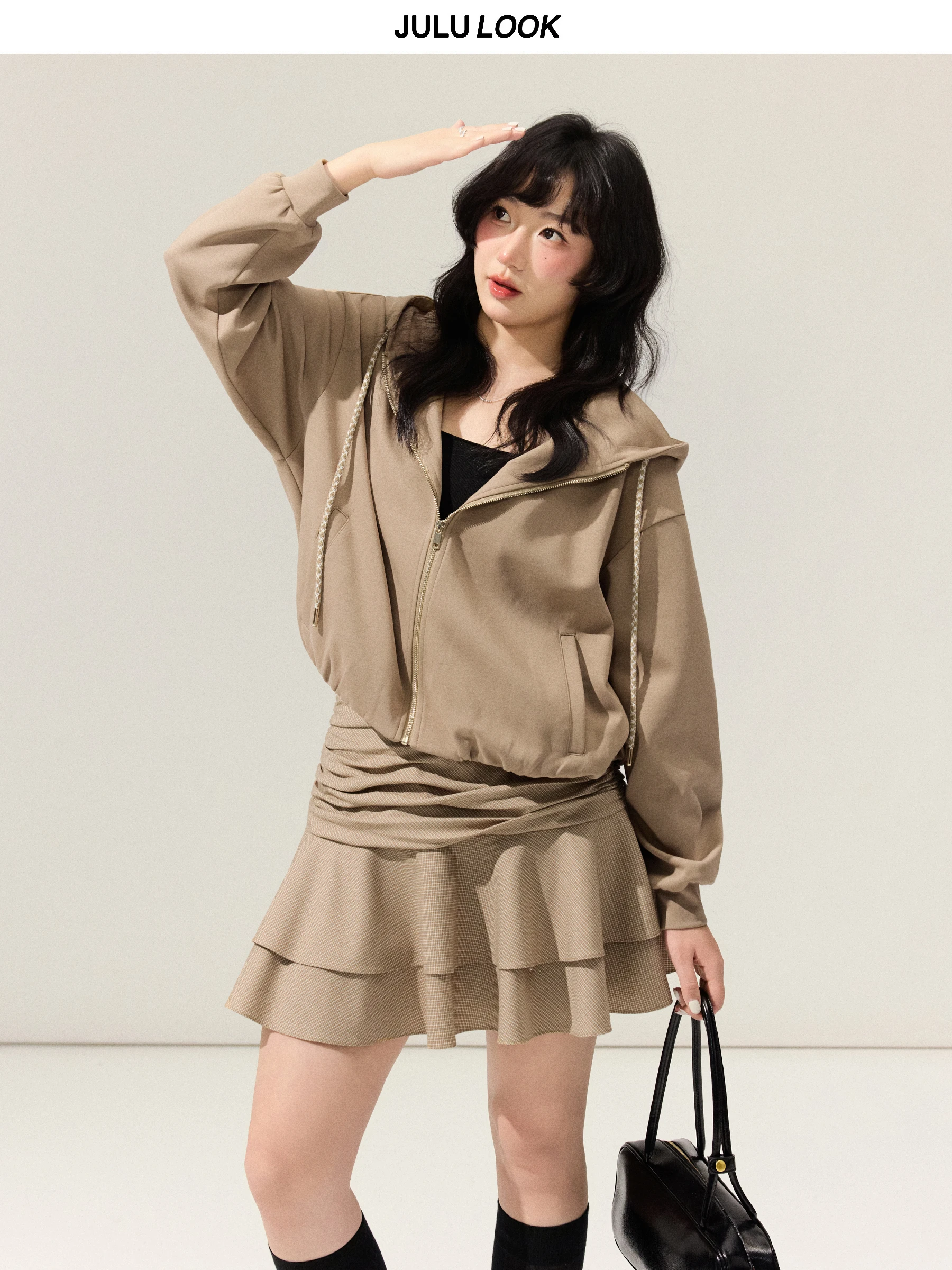 

Jiulu Studio Casual Hoodie Jacket Plaid Skirt plus Size Set for Plump Women Spring Fashion Outerwear Comfortable Cotton Blend