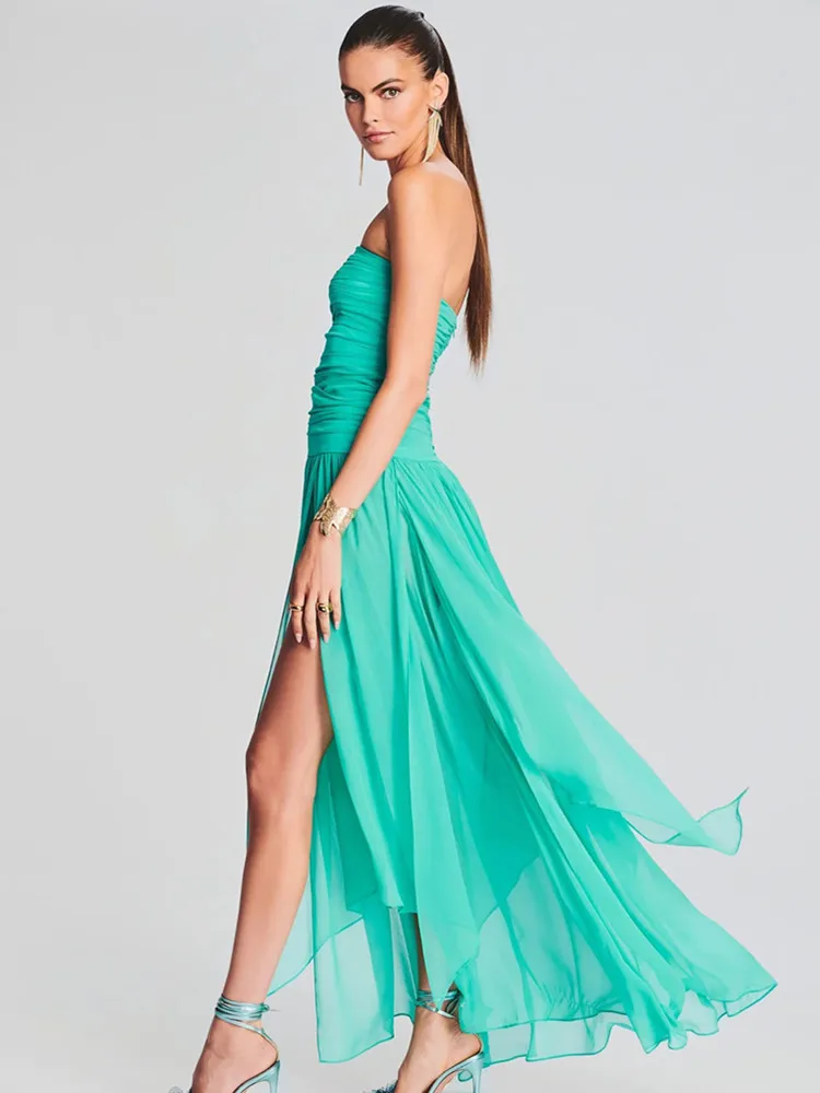 Women Summer Sexy Strapless Backless Mesh Ruched Lake Blue Pleated Long Bodycon Dress 2023 Elegant Evening Club Party Dress