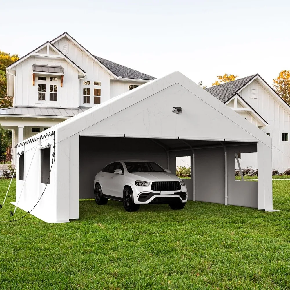 

20x20 Carport, сверхмощный гаражный навес Carport со съемными боковыми стенками и сквозными свернутыми дверцами на молнии, белый