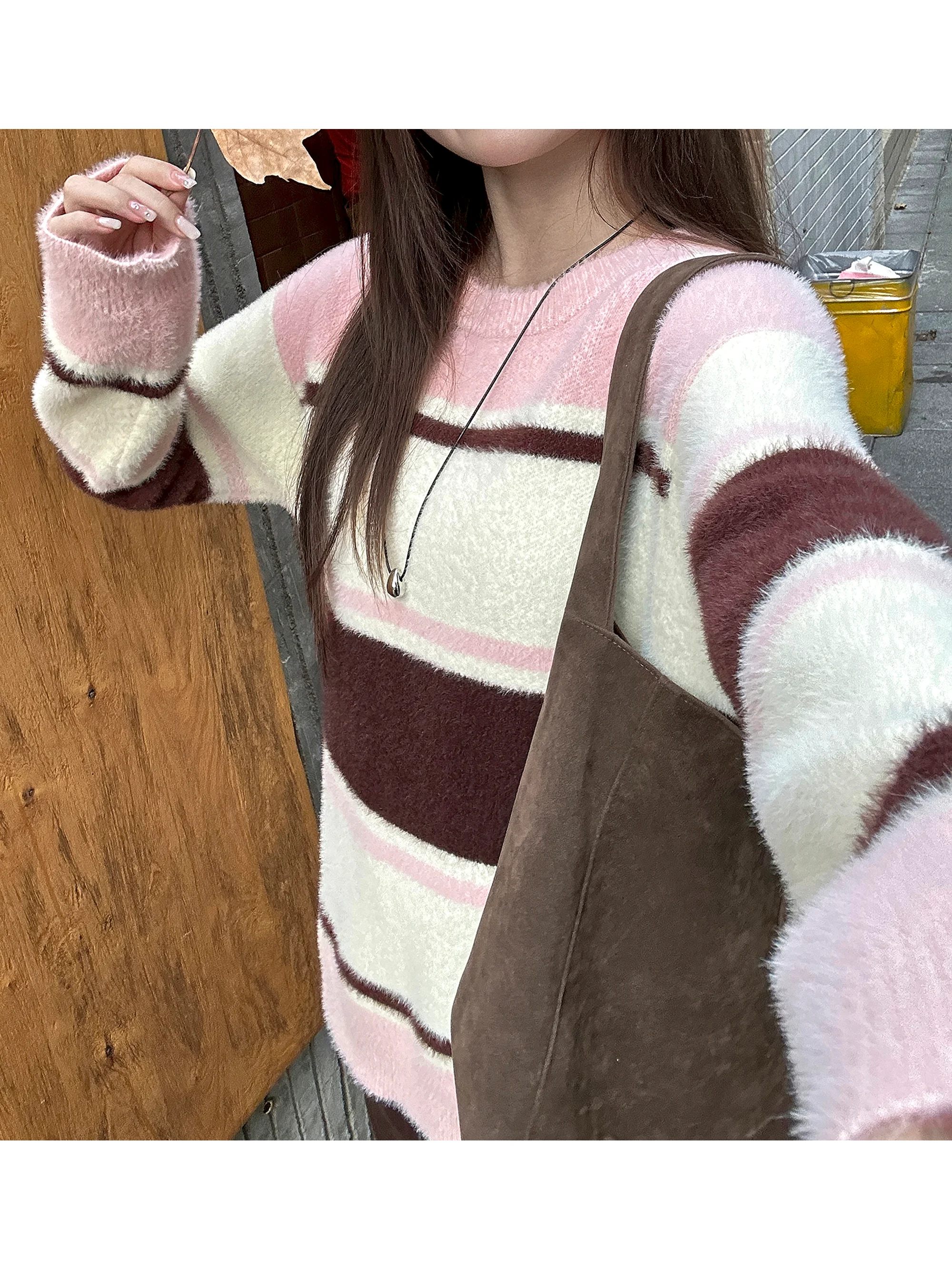 

Мягкий свитер из искусственного меха с круглым вырезом и полосками, женский, осенне-зимний, вязаный, повседневный, свободного кроя, с длинными рукавами, теплый, термо-одежда