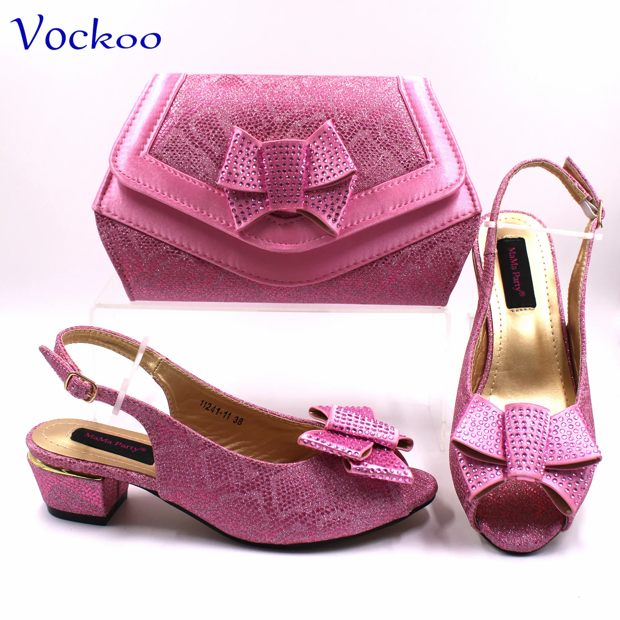 Elegant Mature New Coming 2024 Comfortable Low Heels Special Italian Design Shoes and Bag to Match in Pink Color For Party