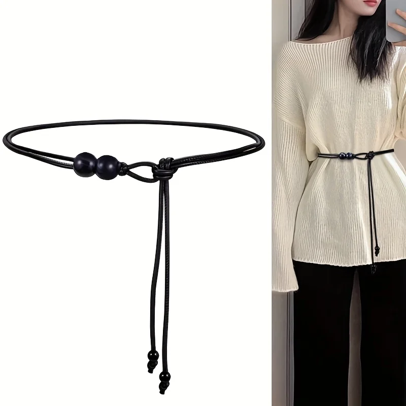 Boho Brown Waxed Rope Waist Belt with Beads Adjustable Tie Belt for Women Dresses Sweaters Bohemian Style Waist Chain Accessory
