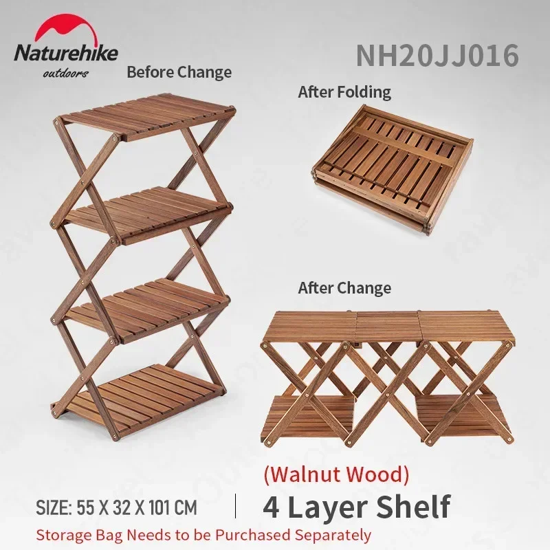 Naturehike Camping Folding Storage Rack Outdoor Portable 3-4 Layer Shelf Wood Folding Table Picnic BBQ Hiking Tableware Storage