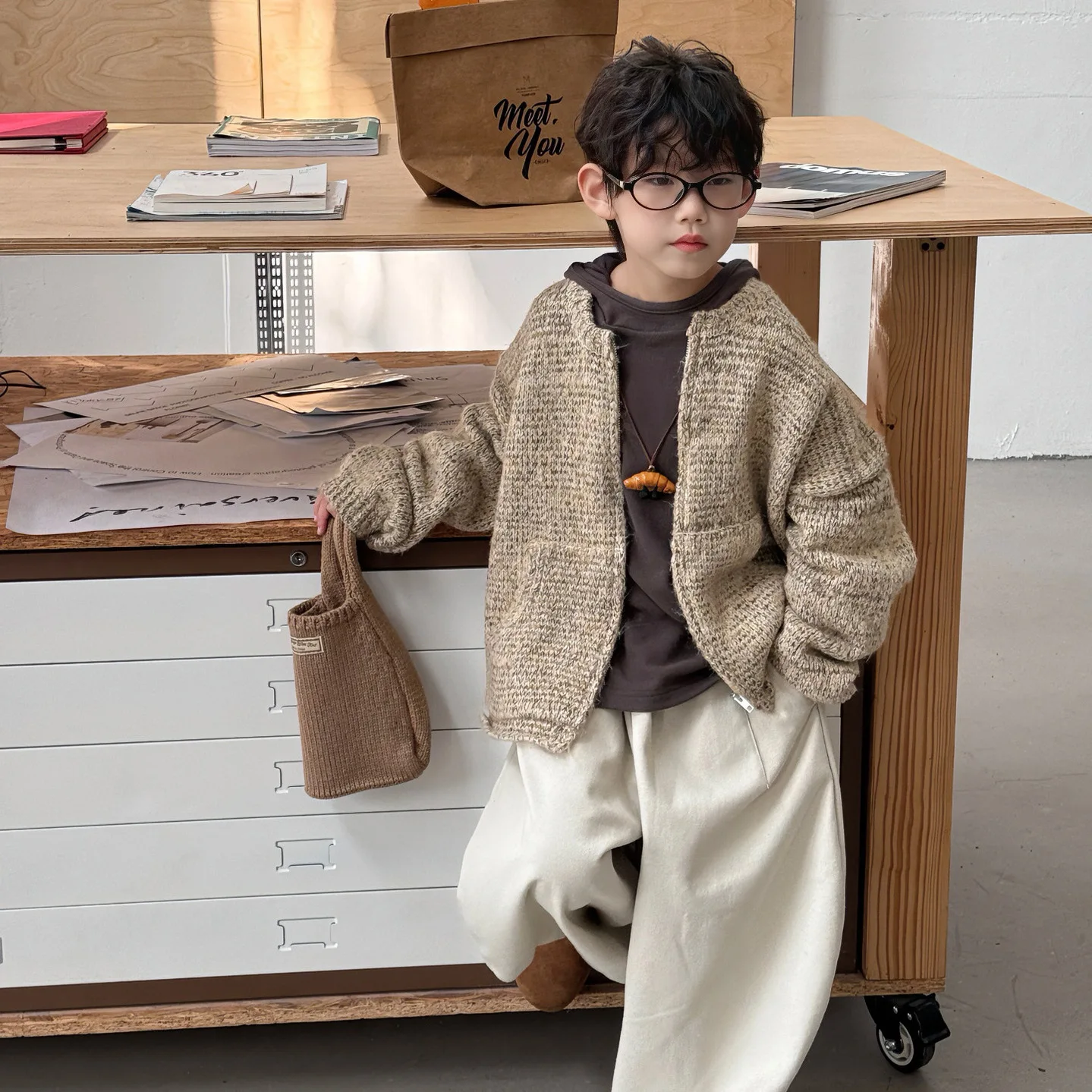 2025 Thick Sweater Cardigan Boys' Top Winter New Korean Version Children's Mixed Color Round Neck Temperament Zipper