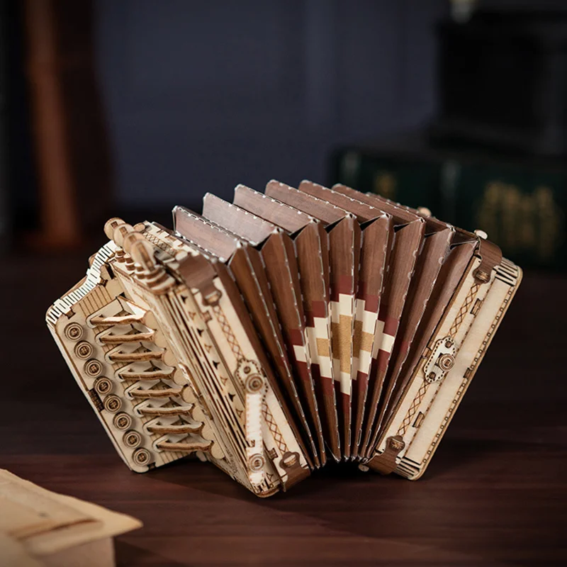 3D Wooden Puzzle Mini Saxophone Drum Accordion Cello DIY Building Block Assembly Model Montessori Children\'s Educational Toys